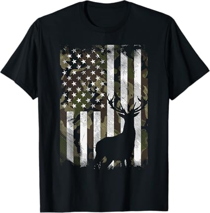 Camo US Flag Deer Elk Buck Camoflage Hunting Hunter Dad Gift Short Sleeve T-Shirt