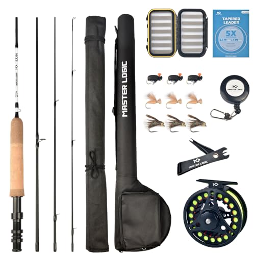 MASTER LOGIC Fly Fishing Rod and Reel Combo Starter Kit with Graphite Trout Travel Fly Rod with Cork Handle and Die Cast Aluminum Reel and Accessories(3/4wt-5'6