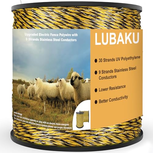 Electric Fence Polywire 3366 Feet, Upgraded 9 Strands Stainless Steel Conductors 1026 Meters Wire, Portable PVC-Coated Fiberglass Electric Fencing Rope, High Conductivity, UV, Rust Resistant