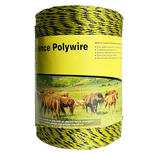 Upgraded Electric Fence Polywire 1312feet 400 Meters,1/8 Diameter Portable Electric Fencing Polywires, 6 Stainless Steel Strands ，Easy to Install,Portable Electronic Fence,Yellow and Black